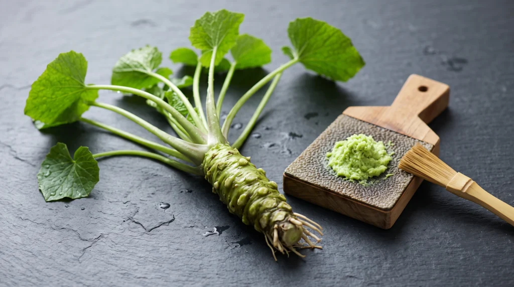 Hydroponic Wasabi Cultivation: Engineering Cold-Water Systems 14 Freshly harvested wasabi rhizome with edible leaves prepared for traditional grating