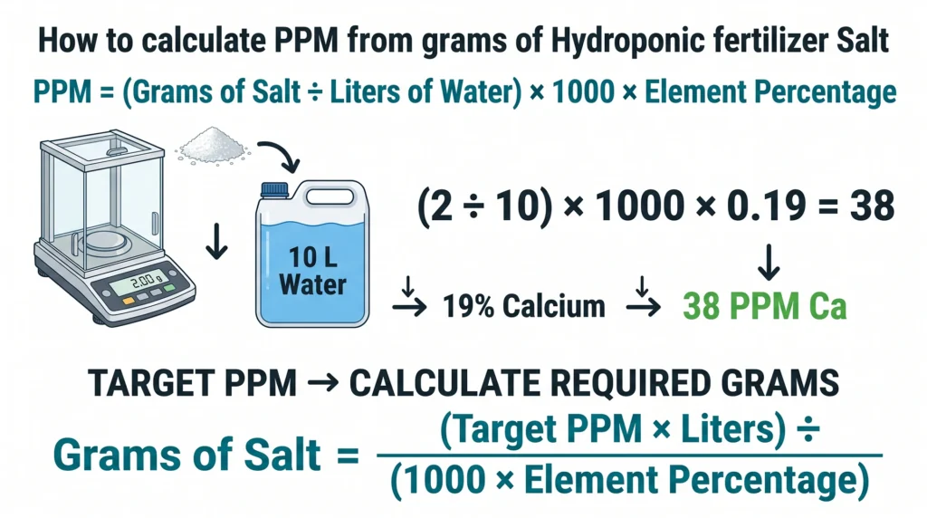 Scientific infographic showing how grams of calcium nitrate convert into calcium PPM in a hydroponic reservoir