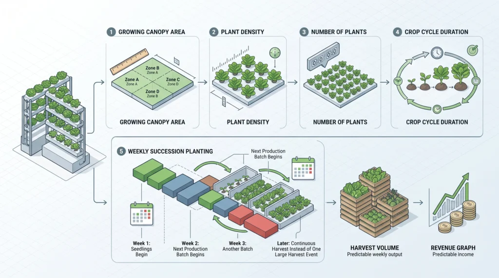 Hydroponic production planning infographic showing growing area, plant density, crop cycle, weekly harvest, and continuous succession planting