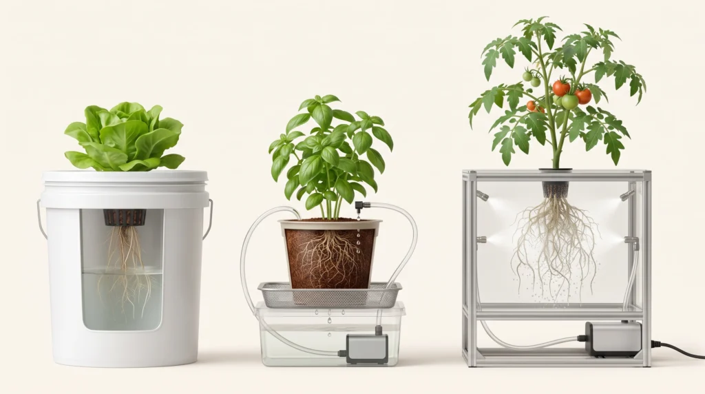 Premium comparison of Kratky passive hydroponics, drip irrigation and aeroponic root misting systems