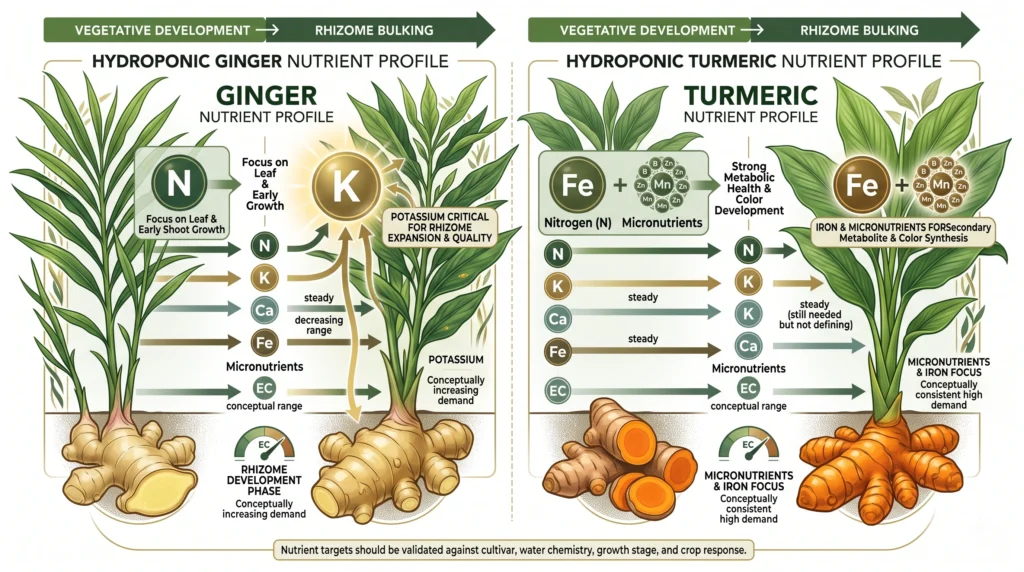 Ginger and turmeric hydroponic nutrient comparison showing nitrogen, potassium, calcium, iron, and EC priorities