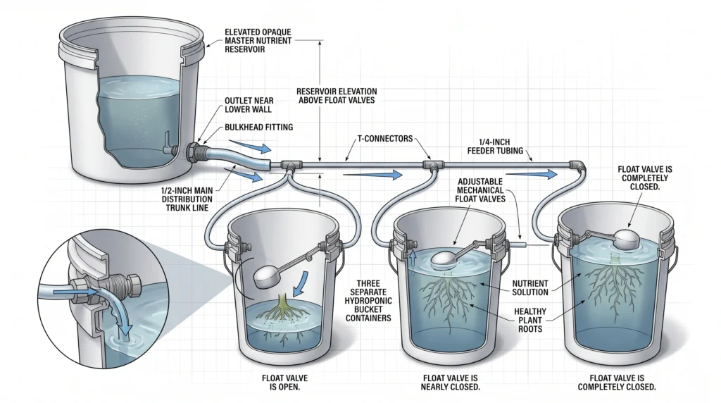 DIY Gravity-Fed Auto-Top Off (ATO) Reservoirs for DWC and Kratky 2 Diagram showing elevated master reservoir, distribution tubing, float valves, and DWC plant buckets