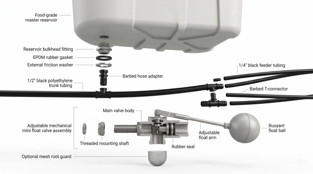 DIY Gravity-Fed Auto-Top Off (ATO) Reservoirs for DWC and Kratky 3 Essential components of a DIY hydroponic ATO including reservoir, bulkhead, tubing, and float valve
