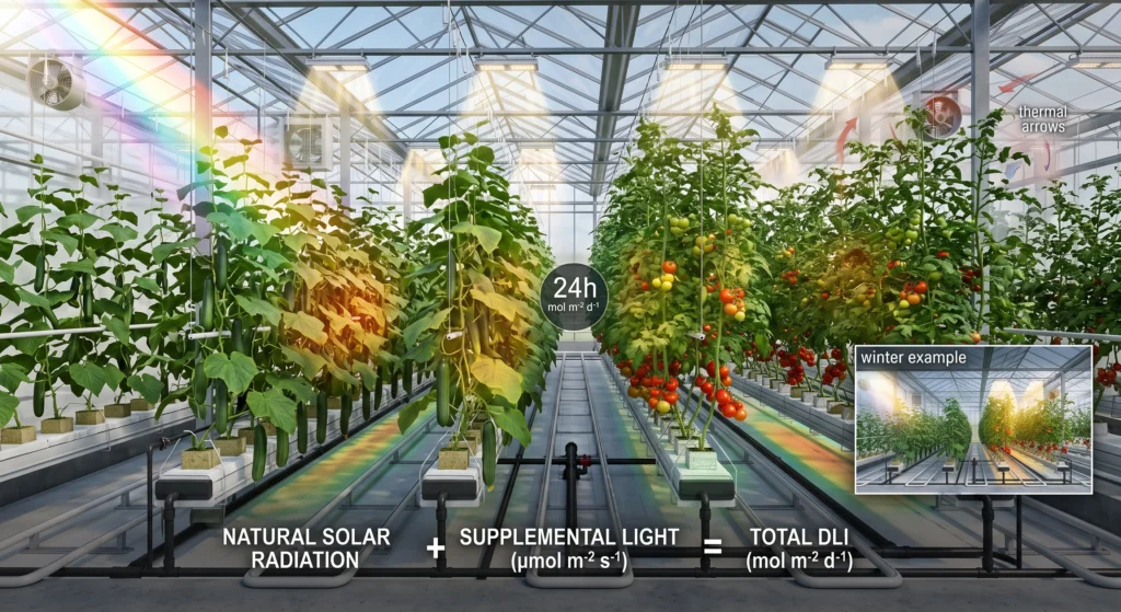Hydroponic Greenhouse Cucumber and Tomato Production Systems 12 Greenhouse DLI map showing supplemental LED lighting intensity across tomato and cucumber canopies
