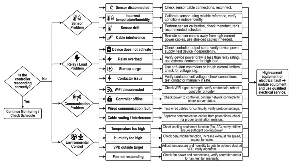 TrolMaster Hydro-X vs AC Infinity Controller 69 Pro: Technical Comparison 11 Grow room controller troubleshooting flowchart for sensors relays and connectivity