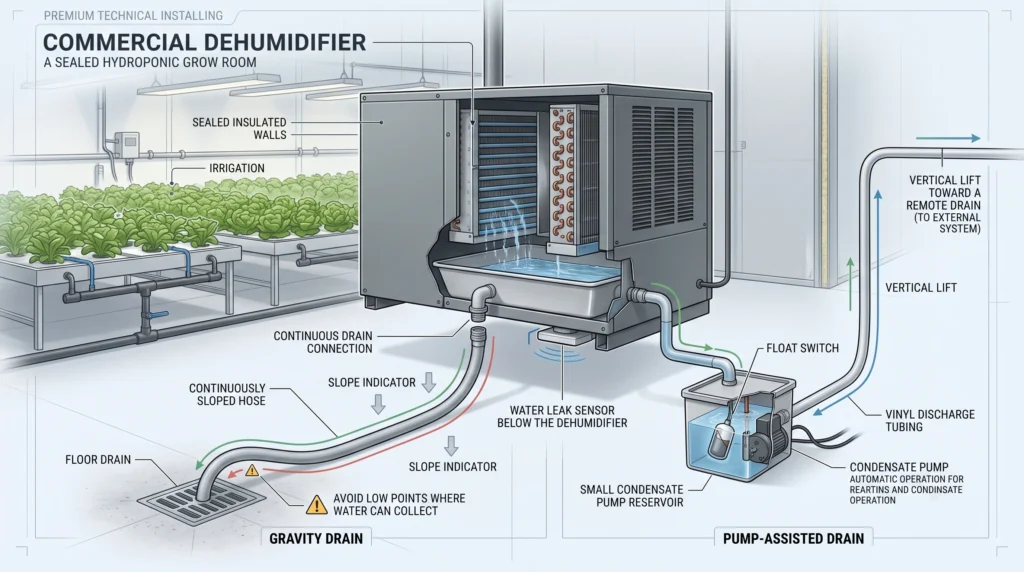 Dehumidifier Sizing Math for Sealed Grow Rooms and Grow Tents 8 Dehumidifier condensate drainage system using gravity drain and condensate pump