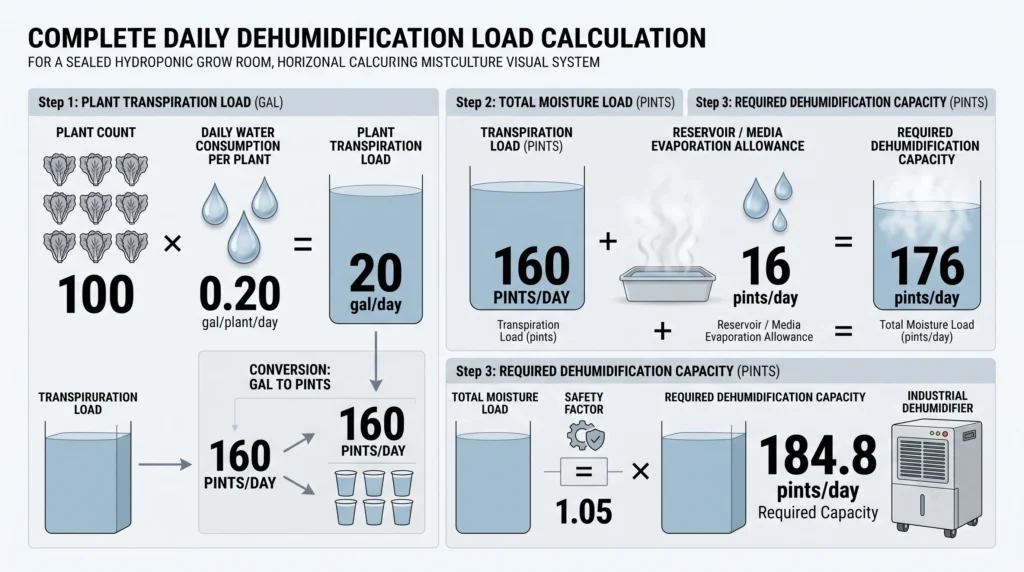Dehumidifier Sizing Math for Sealed Grow Rooms and Grow Tents 2 Dehumidifier sizing calculation based on plant transpiration, reservoir evaporation and safety factor