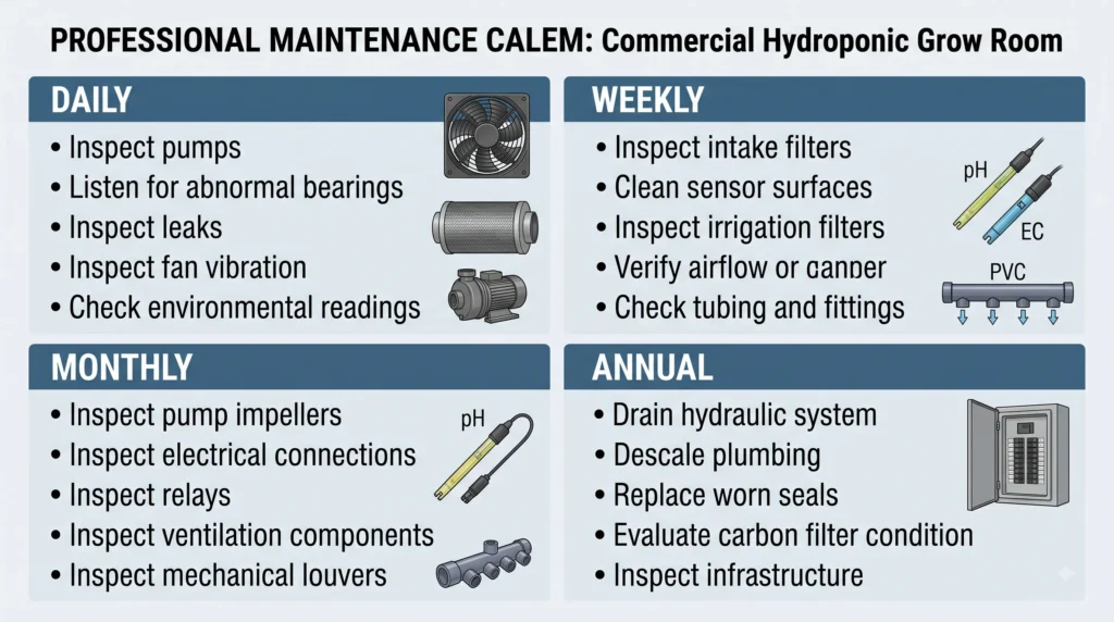 Grow room maintenance schedule for ventilation fans, pumps, filters, sensors and plumbing