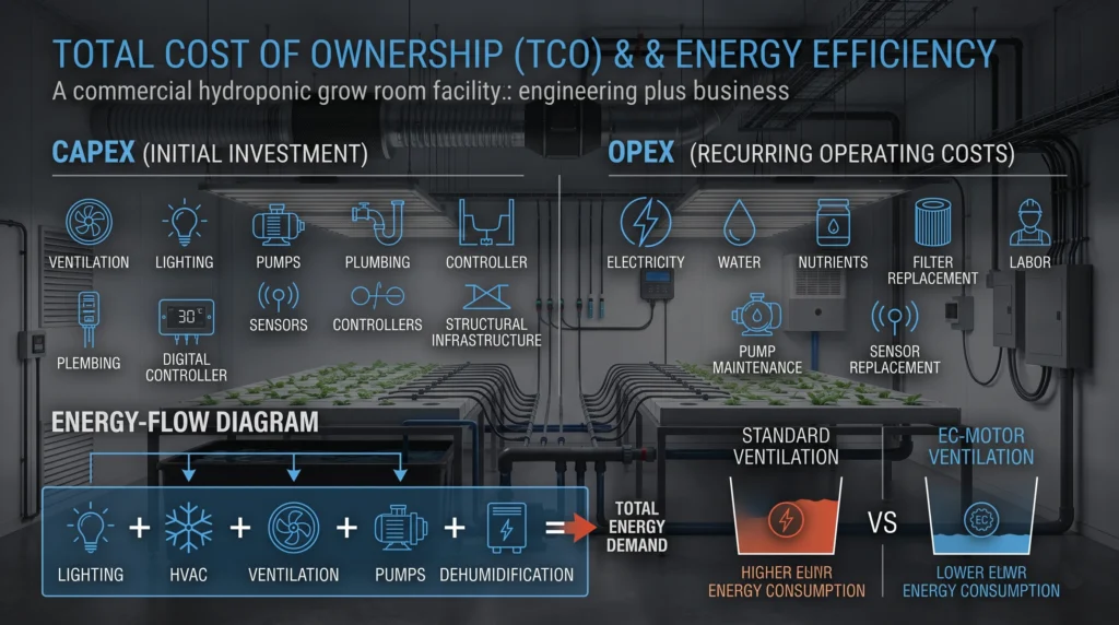 Grow room total cost of ownership showing energy, equipment, maintenance and operating costs