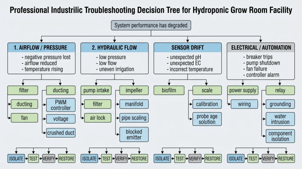 Grow room troubleshooting for airflow, hydraulic, sensor and electrical failures