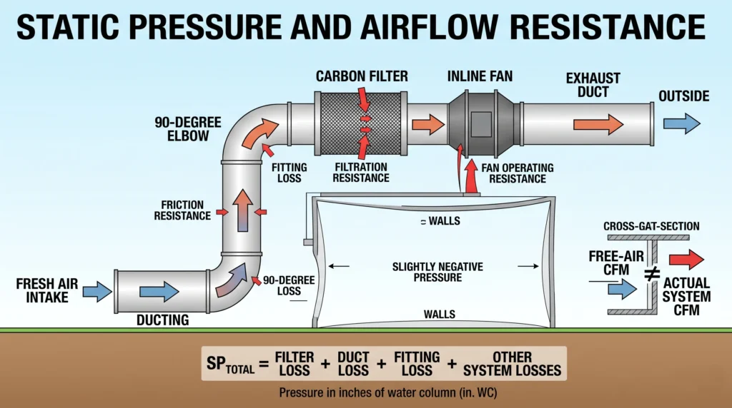 Grow room airflow showing static pressure losses through filters, ducting, bends and inline fans