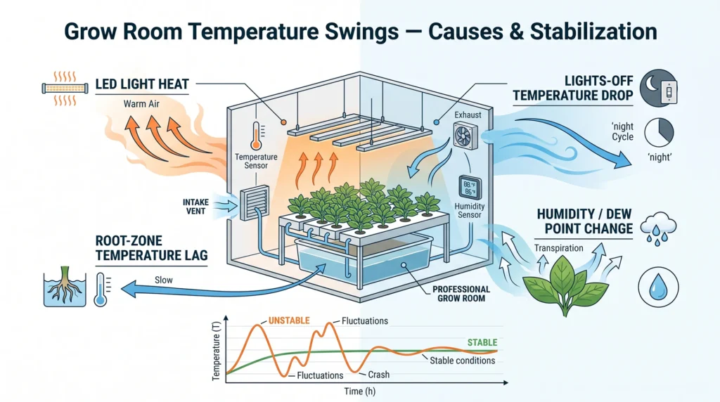 Infographic showing LED heat generation, 3.41 BTU per watt, insulation, and grow room heat movement
