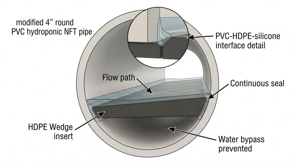 Turn PVC Pipe Into a Real NFT Channel: The Crown Wedge Method 6 Cross-section showing aquarium-safe silicone sealing an HDPE crown wedge inside PVC