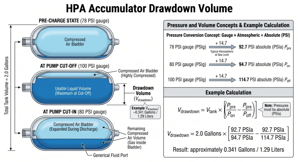 HPA accumulator drawdown calculation showing usable pressurized volume between 80 and 100 PSI