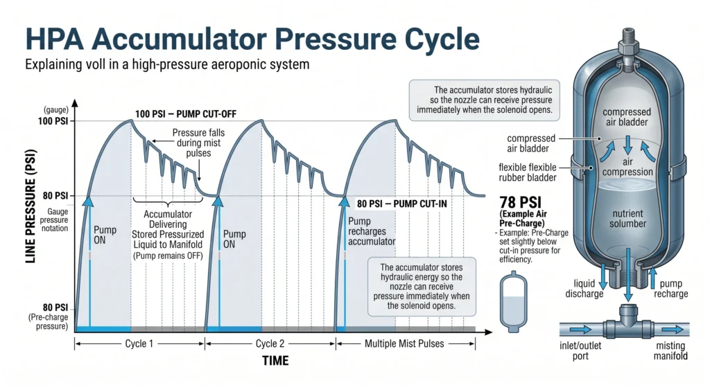 HPA accumulator tank pressure cycle showing 80 PSI pump cut-in and 100 PSI pump cut-out