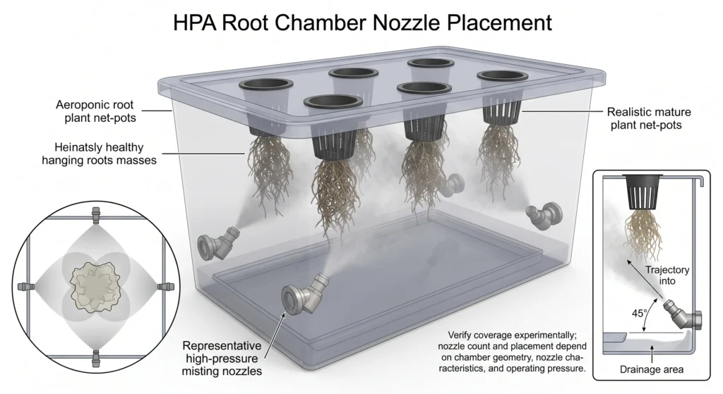 HPA aeroponic root chamber showing four misting nozzles positioned at 45 degree angles around hanging roots