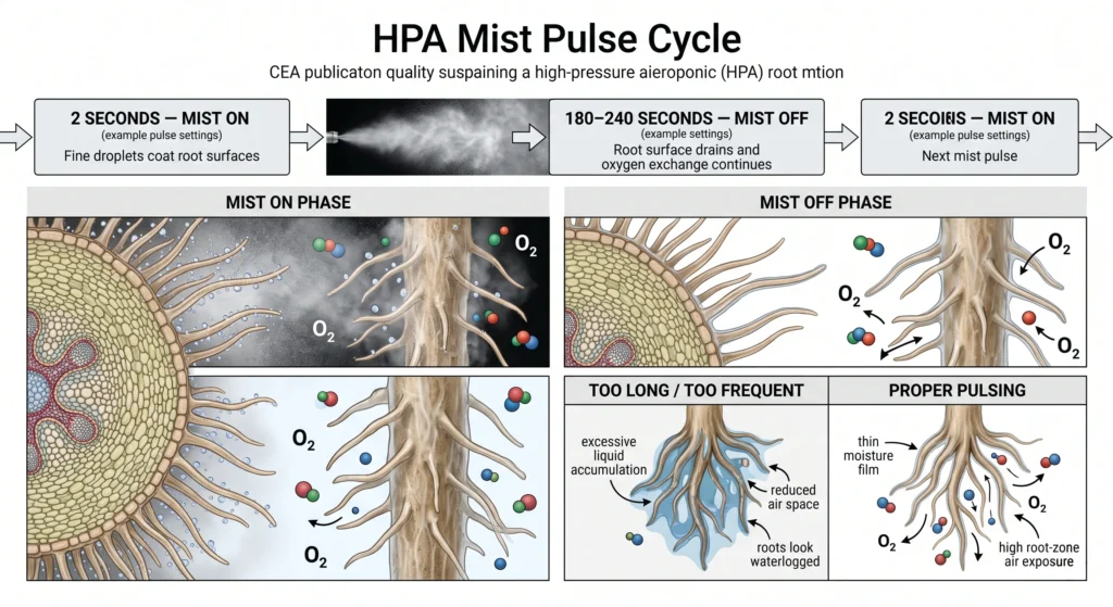 High-pressure aeroponic mist pulse cycle showing 2 second ON and 4 minute OFF root-zone oxygen recovery