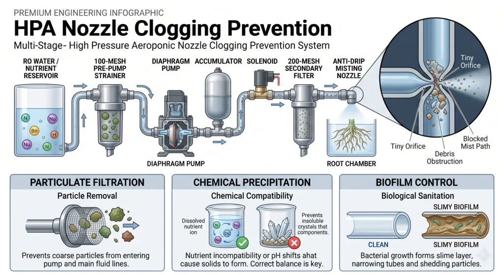 HPA nozzle clogging prevention system showing RO water filtration mineral nutrients and fine nozzle protection