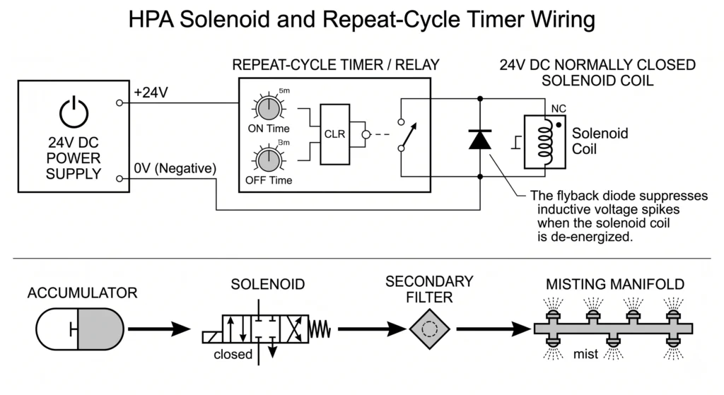 24V DC HPA solenoid wiring diagram with repeat-cycle timer and flyback diode