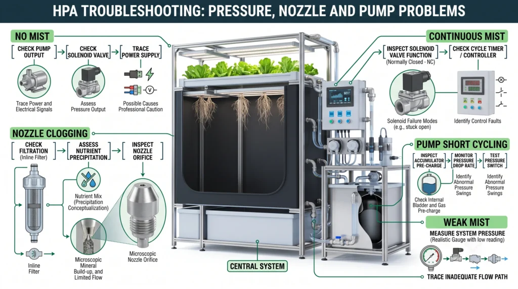 DIY Aeroponic High-Pressure Misting Manifold with 1000 PSI Solenoids: The True HPA Blueprint 11 HPA troubleshooting diagram showing common causes of nozzle clogging, pressure loss, pump cycling and solenoid problems