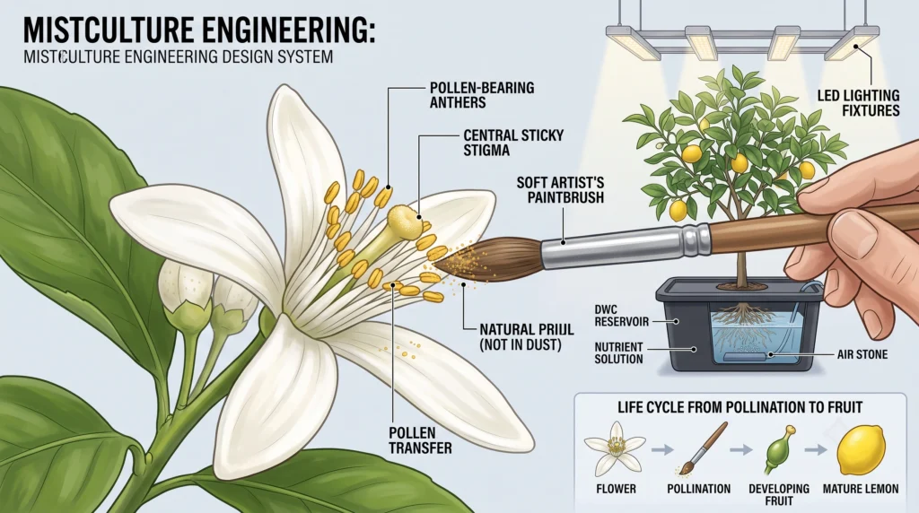 Hydroponic Dwarf Fruit Trees: Engineering DWC Systems for Citrus and Figs 11 Hand pollination of dwarf citrus flowers using a soft artist brush in an indoor hydroponic growing system