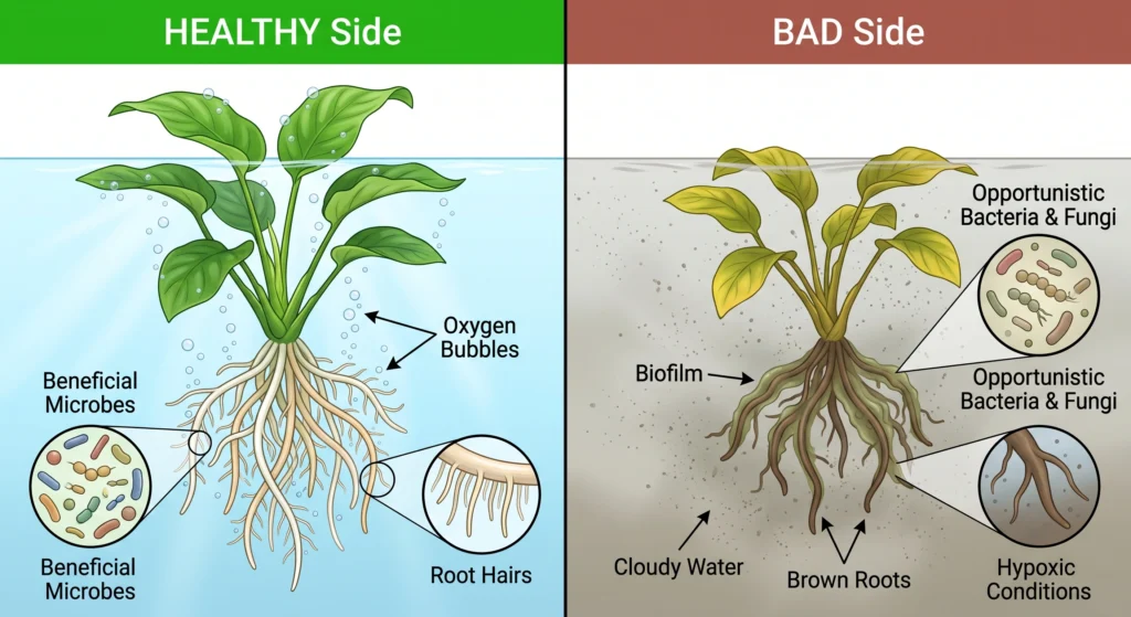 Bacillus vs Trichoderma for DWC: Which Beneficial Microbe Actually Wins? 13 Comparison of a balanced microbial hydroponic reservoir and one suffering from bacterial bloom and low oxygen.
