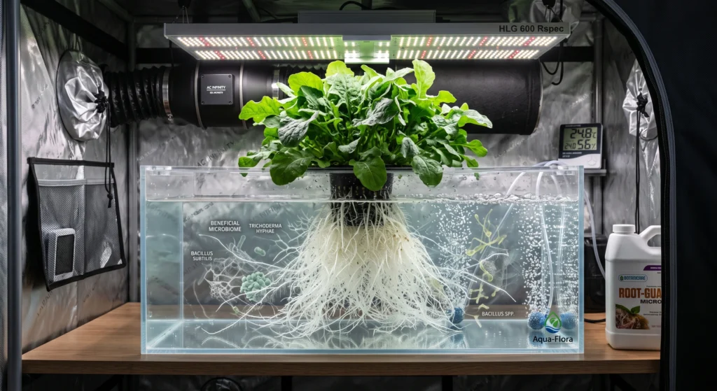 Bacillus vs Trichoderma for DWC: Which Beneficial Microbe Actually Wins? 16 Thriving hydroponic roots in a clean DWC reservoir protected by beneficial microbial colonies.