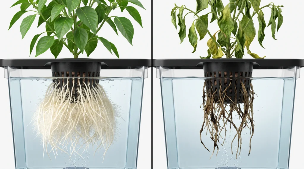 Comparison of healthy white hydroponic roots and brown slimy roots affected by root rot