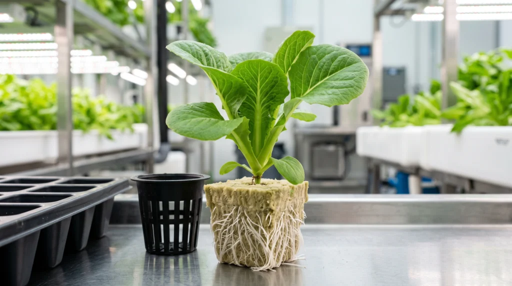 Seed Starting for Hydroponics: Germination Media, Domes, and Seedling Care 11 Healthy hydroponic seedling with established white roots ready for transplant