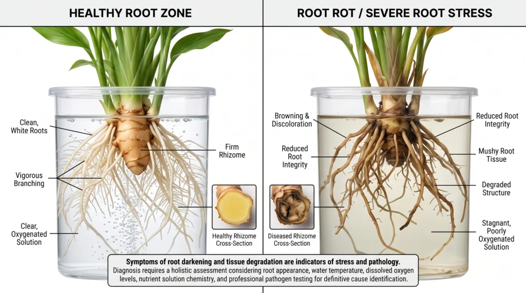 Healthy and root rot affected hydroponic ginger roots and rhizomes showing differences in color, texture, and tissue condition