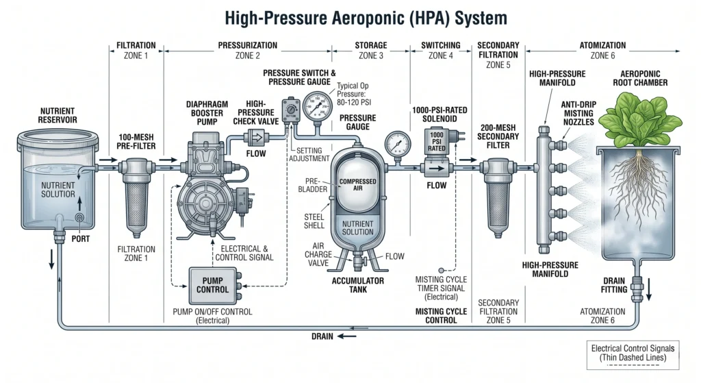 High-pressure aeroponic hydraulic system showing nutrient tank filter pump accumulator solenoid and misting manifold