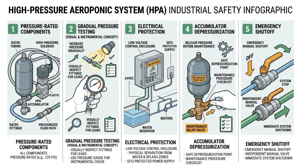 DIY Aeroponic High-Pressure Misting Manifold with 1000 PSI Solenoids: The True HPA Blueprint 10 Safety diagram showing pressure testing, electrical protection, accumulator depressurization and high-pressure component ratings