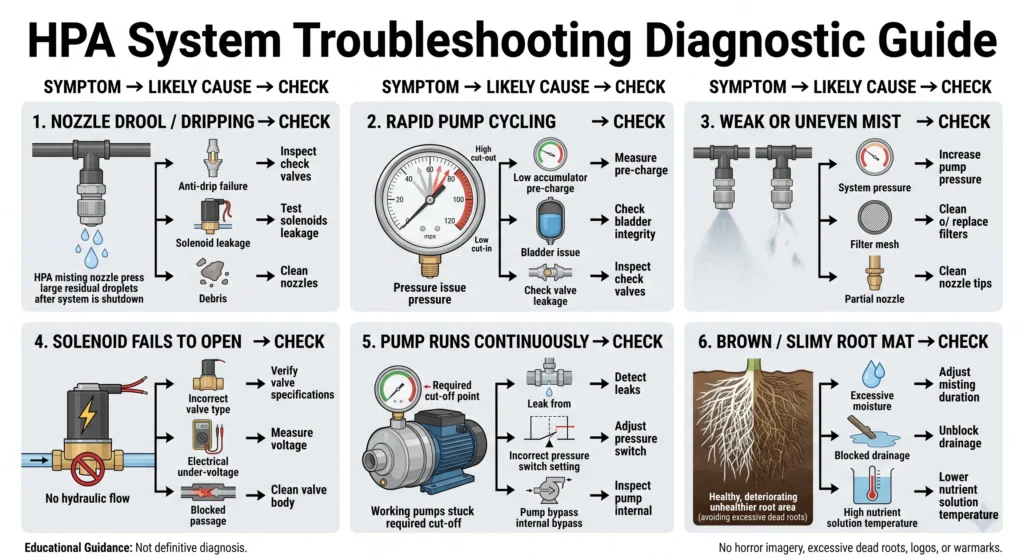 High-pressure aeroponic troubleshooting guide for nozzle dripping pump cycling weak mist solenoid failure and root problems