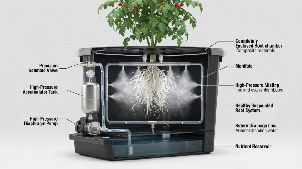 High-pressure aeroponic root chamber showing misting nozzles, suspended roots, pump and nutrient droplets