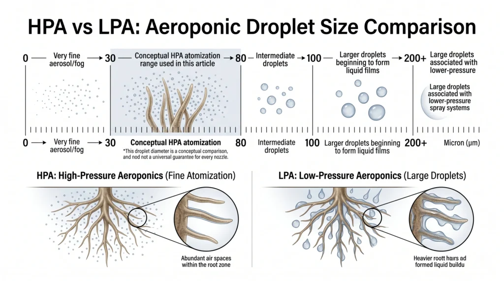 High-pressure aeroponics versus low-pressure aeroponics droplet size comparison showing fine HPA mist and larger LPA droplets