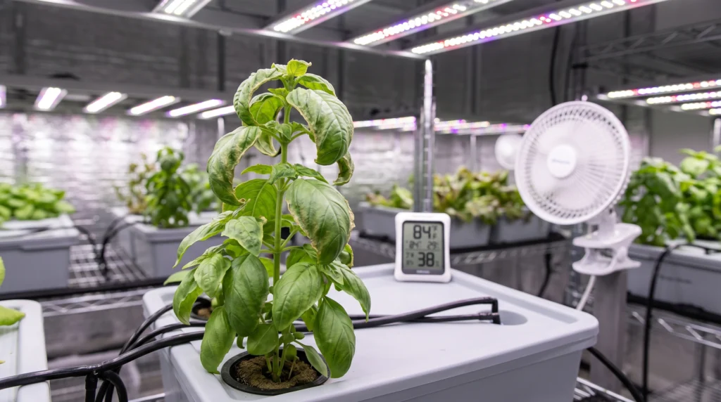 Hydroponic plant with upward curling leaves caused by high VPD heat stress and low humidity