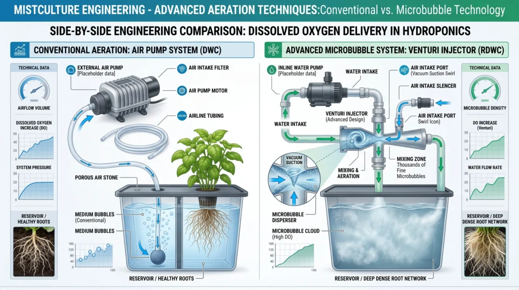 Engineering diagram comparing how standard air stones and Venturi injectors create oxygen bubbles in hydroponic reservoirs.