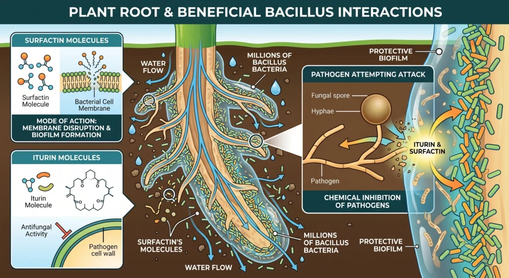 Bacillus vs Trichoderma for DWC: Which Beneficial Microbe Actually Wins? 3 Scientific diagram illustrating Bacillus forming a protective biofilm and releasing antifungal compounds.