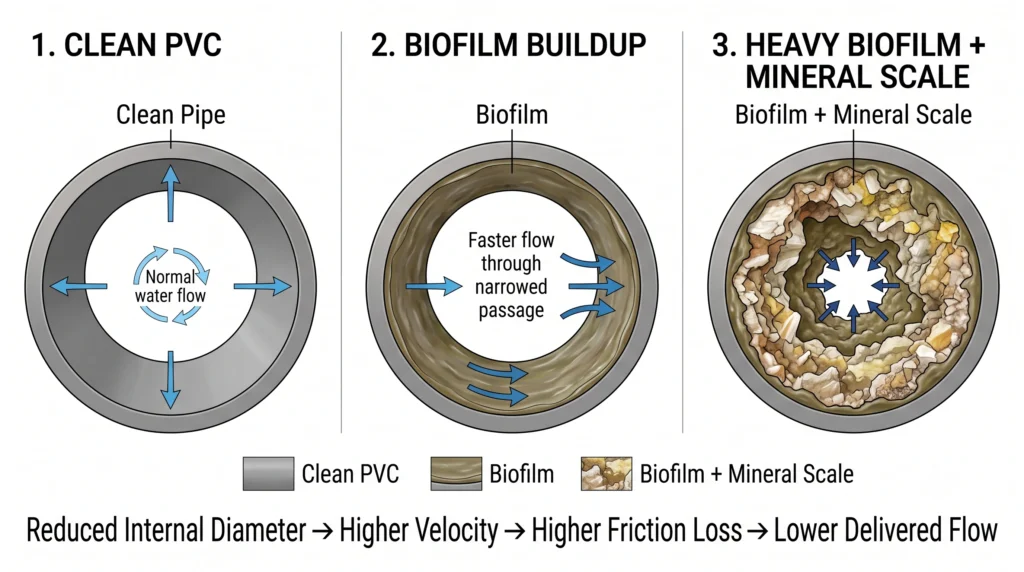 Hydroponic Pump Sizing: Calculating True GPH and Head Loss 12 Cross-section of PVC pipe showing biofilm and mineral scale reducing internal diameter