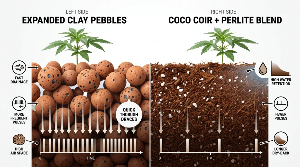 Comparison infographic showing fast-draining Hydroton requiring frequent flood cycles versus water-retentive coco and perlite requiring fewer irrigation cycles.