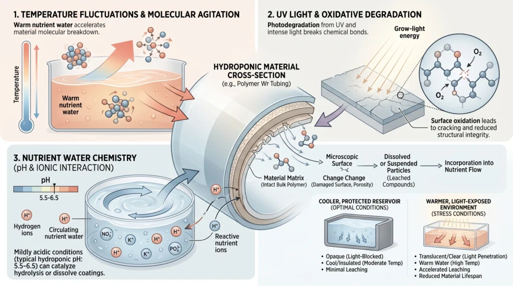 Scientific diagram showing how warm nutrient solution, acidic pH and light exposure can increase material degradation and migration into hydroponic water