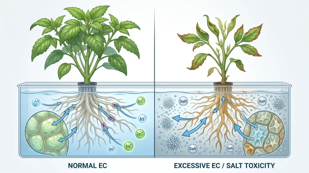 Nutrient Lockout vs Deficiency in Hydroponics: Diagnosis and Recovery Protocol 4 Diagram showing high electrical conductivity reversing water movement and dehydrating hydroponic plant roots
