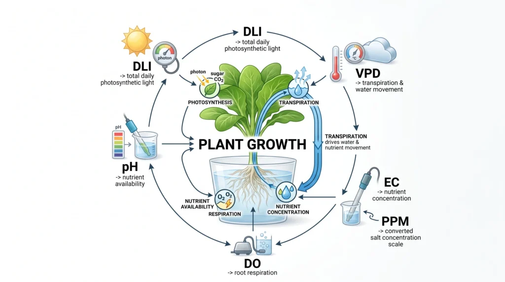 Hydroponic measurement relationship diagram connecting EC, PPM, pH, dissolved oxygen, VPD and daily light integral.