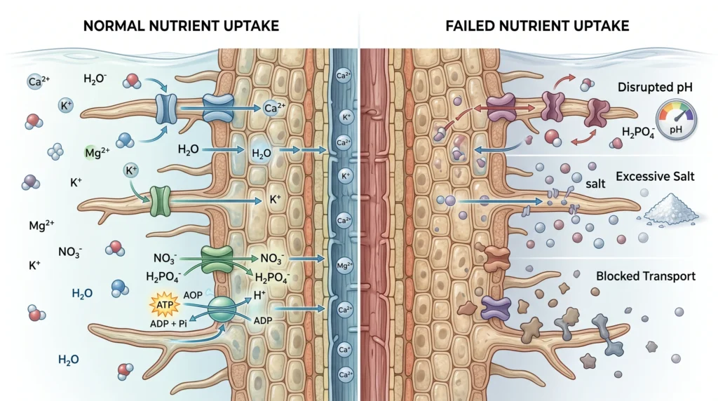 Nutrient Lockout vs Deficiency in Hydroponics: Diagnosis and Recovery Protocol 2 Scientific cross-section showing nutrient ions moving through hydroponic root cells by active transport and osmosis