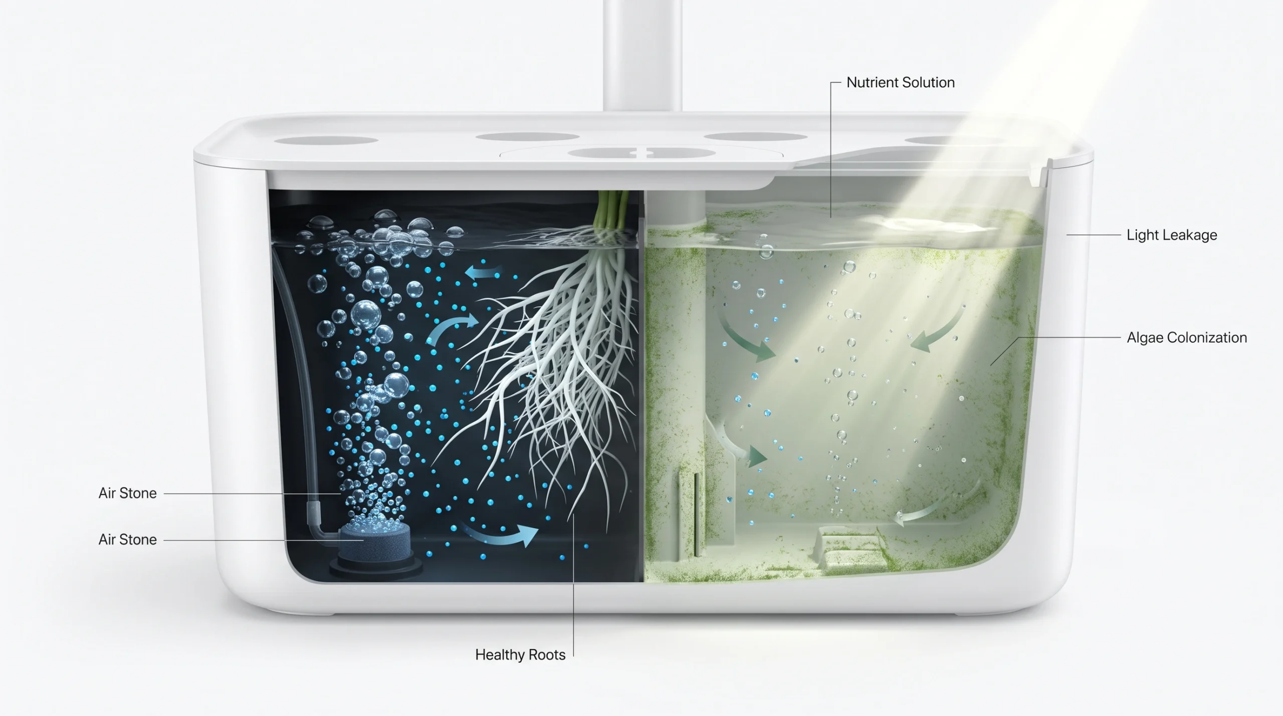 10 Biggest Hydroponic Mistakes Beginners Make (And How to Avoid Them) 7 Scientific cutaway showing light entering a hydroponic reservoir and causing algae growth, pH instability and oxygen depletion