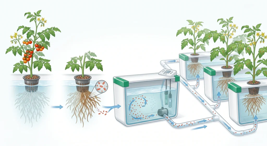 Scientific infographic illustrating how one infected hydroponic tomato plant spreads pathogens through a shared recirculating nutrient reservoir.