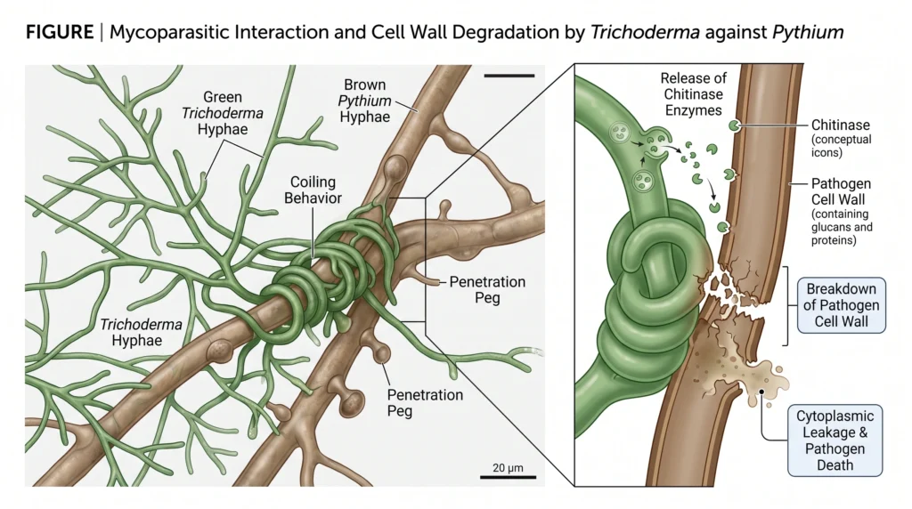 Bacillus vs Trichoderma for DWC: Which Beneficial Microbe Actually Wins? 4 Scientific illustration of Trichoderma wrapping around pathogen hyphae and breaking them down.
