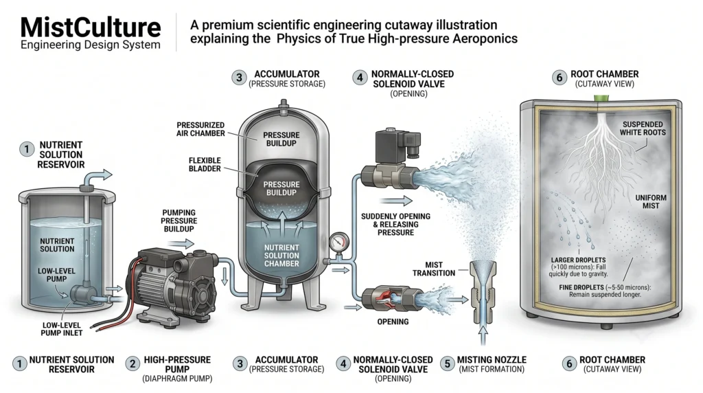 DIY Aeroponic High-Pressure Misting Manifold with 1000 PSI Solenoids: The True HPA Blueprint 1 Diagram showing how an accumulator and high-pressure solenoid create a fine mist for aeroponic roots
