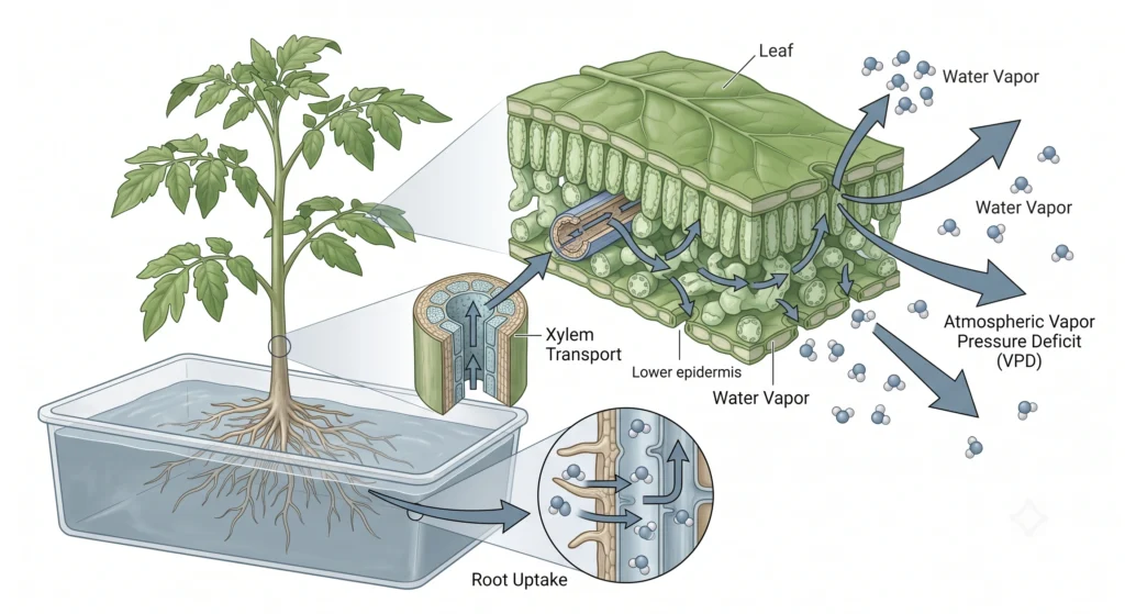 Diagram showing water movement from hydroponic roots through xylem to leaf stomata during transpiration