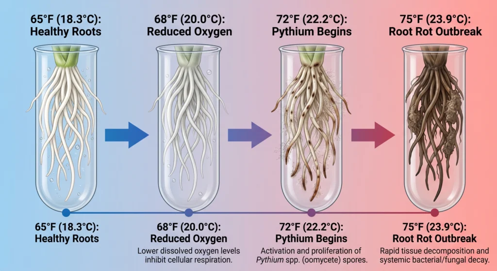 Timeline showing increasing hydroponic water temperature leading to reduced oxygen and root rot.
